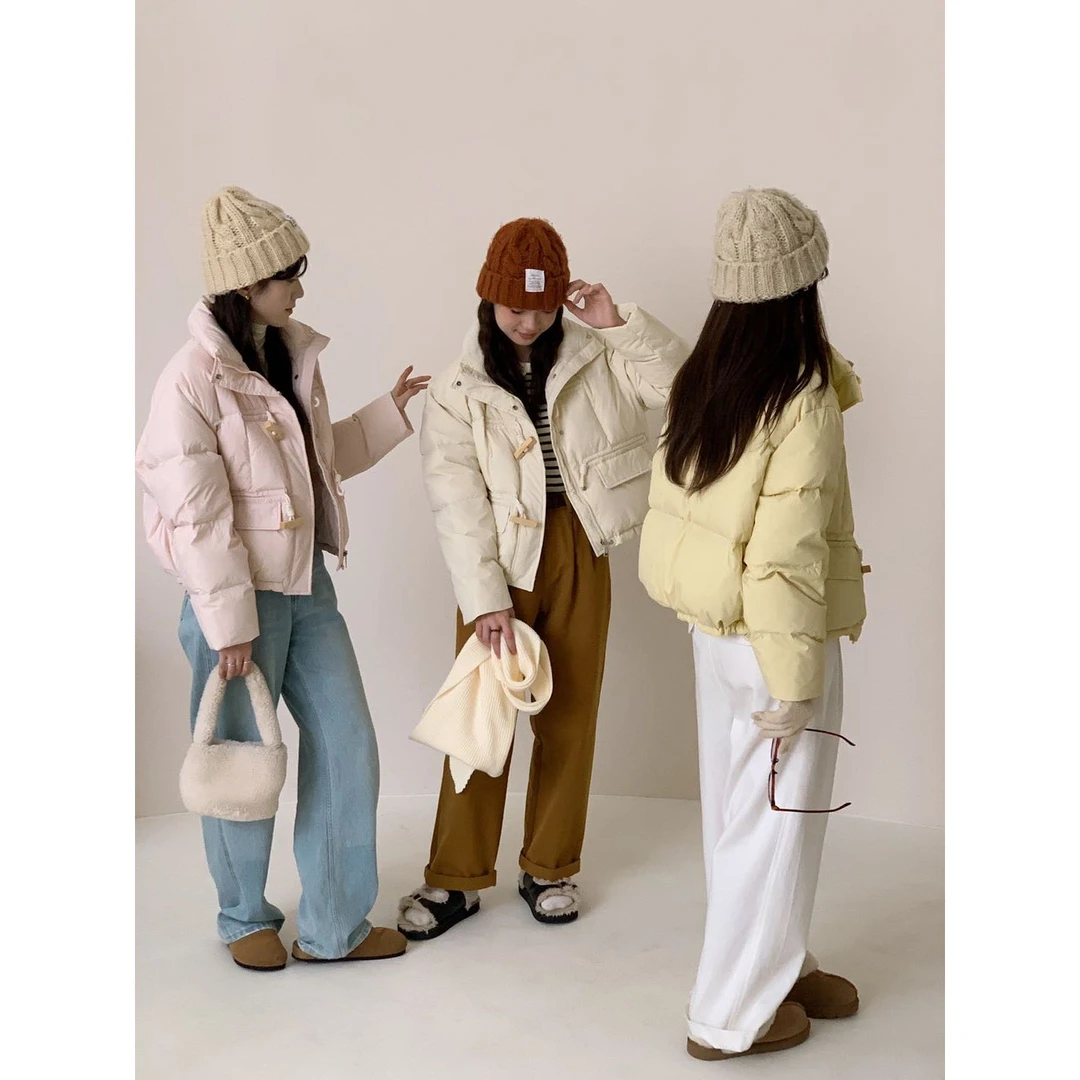 【粉丝专享】小个子韩版宽松短款立领冬季木扣白鸭绒外套8020