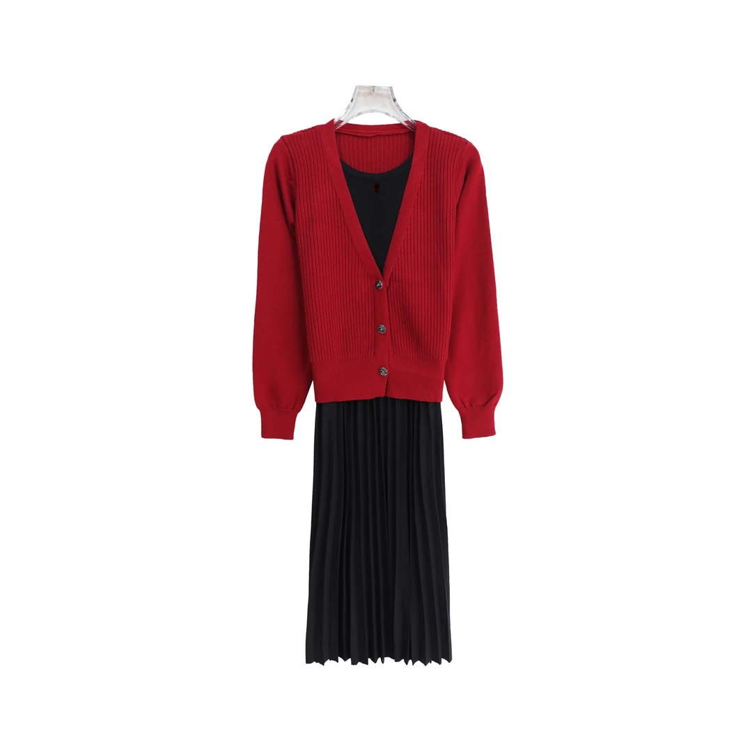 气质名媛风假两件针织长袖连衣裙设计感百褶裙X27473