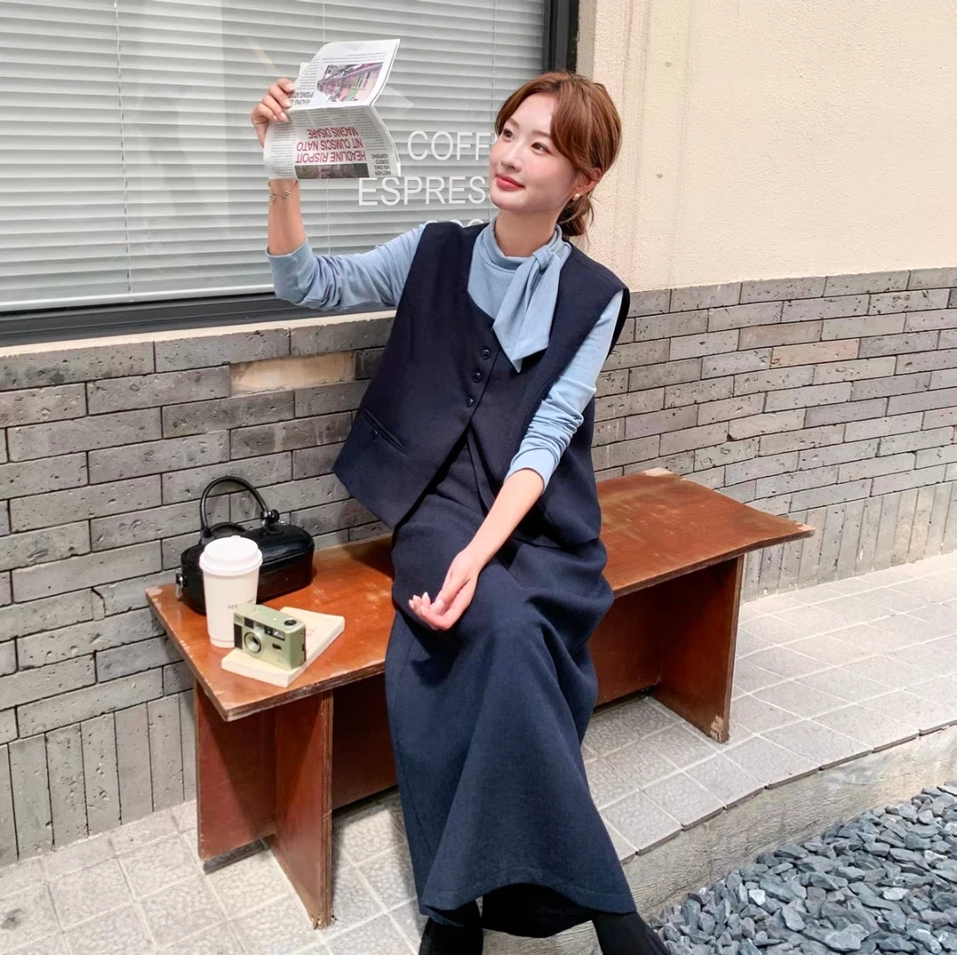 (薇薇家)盐系轻职气质轻熟套装长袖上衣吊带马甲女半身裙三件套