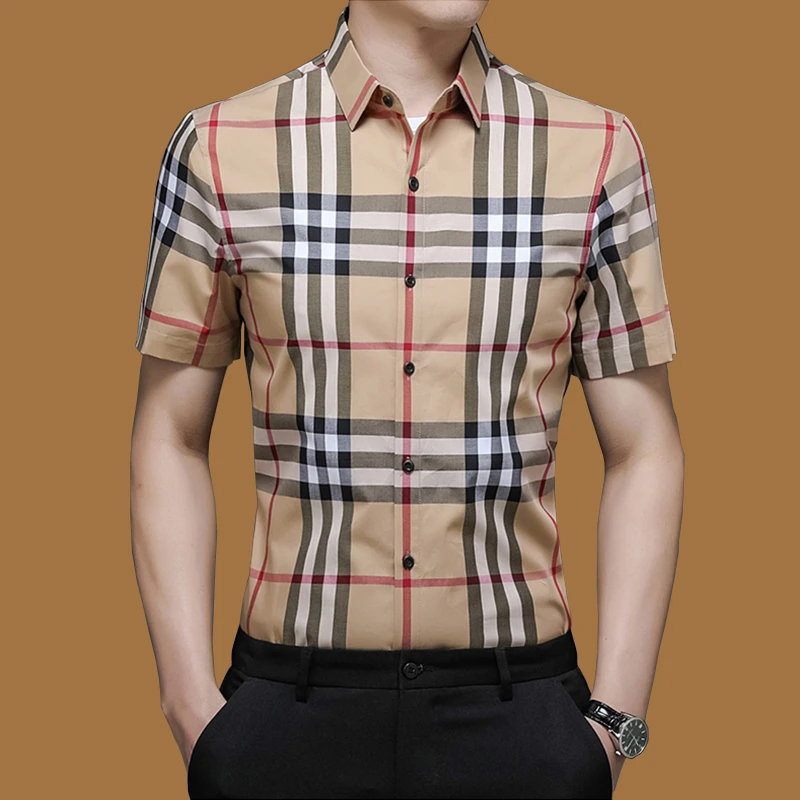 意大利高档品牌格子衬衫男士夏季纯棉中青年拼色条纹轻奢痞帅男装