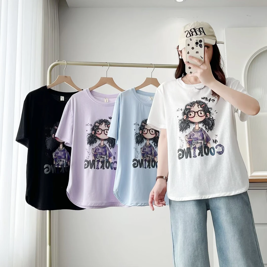 大码女装设计感雪花棉圆领印花小女孩T恤夏季新款遮肉显瘦短袖