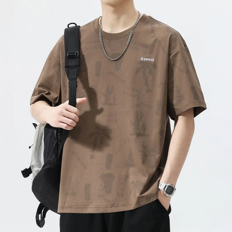 潮流夏季新款薄款圆领男款印花半袖T恤宽松百搭休闲落肩袖上衣