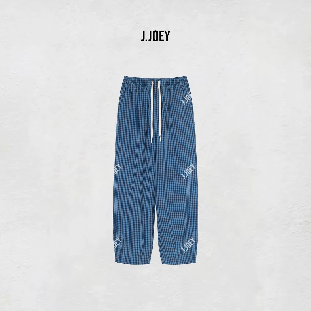 J.JOEY “100棉”时尚极简风春款蓝色格子抽绳百搭休闲裤 0929