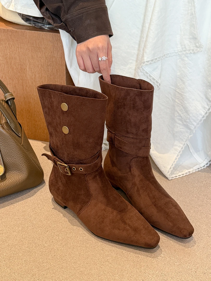 法式小裸靴子女秋冬季2025新款洋气小短靴堆堆靴西部靴中筒靴单靴