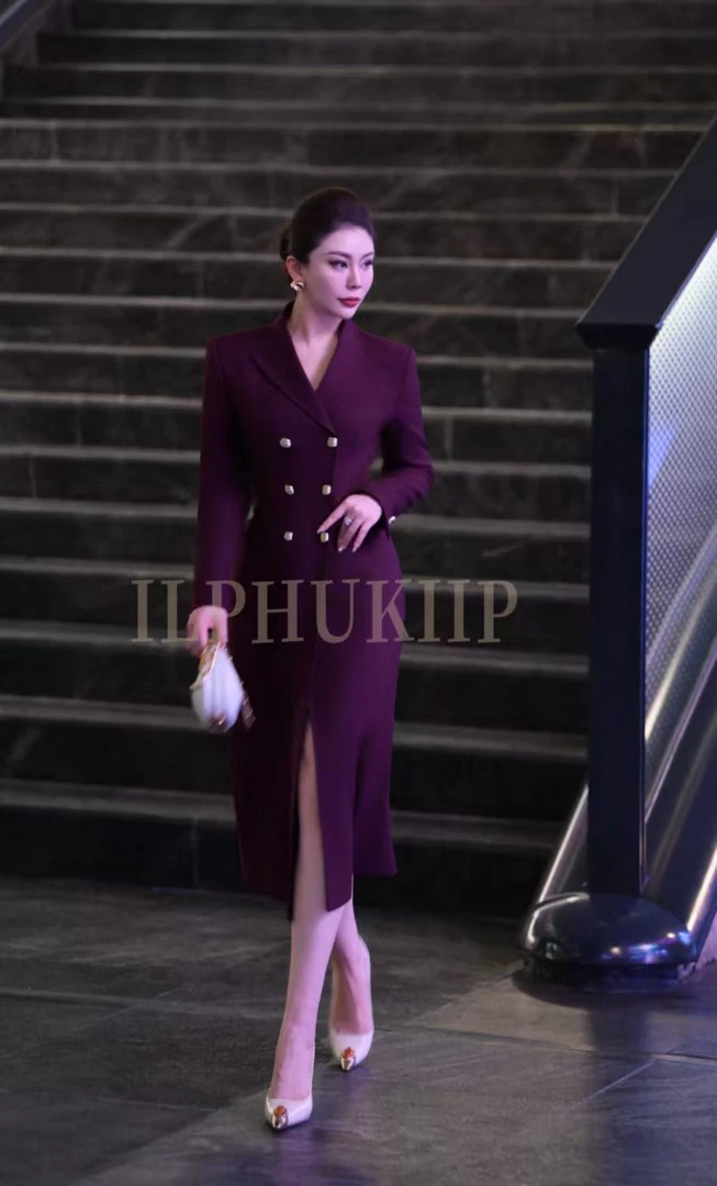 ILPHUKIIR 【优雅紫红】春秋高定双排扣收腰长款显瘦风衣外套连衣裙