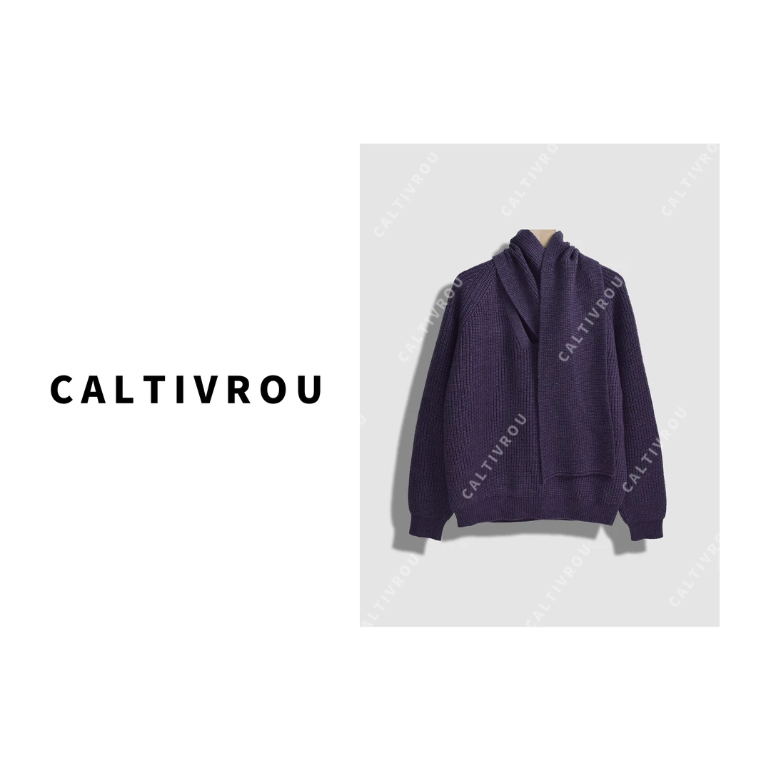 Caltivrou琉璃锦衣~时髦百搭洋气两穿带围巾系扣针织衫-Y14455W