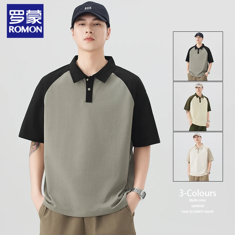 罗蒙插肩袖Polo衫男士有领t恤夏季薄款半袖体恤男装撞色翻领短袖