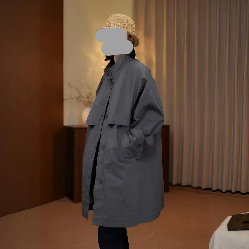 2025春秋季新款女士韩系休闲立领中长款风衣宽松显瘦简约百搭外套