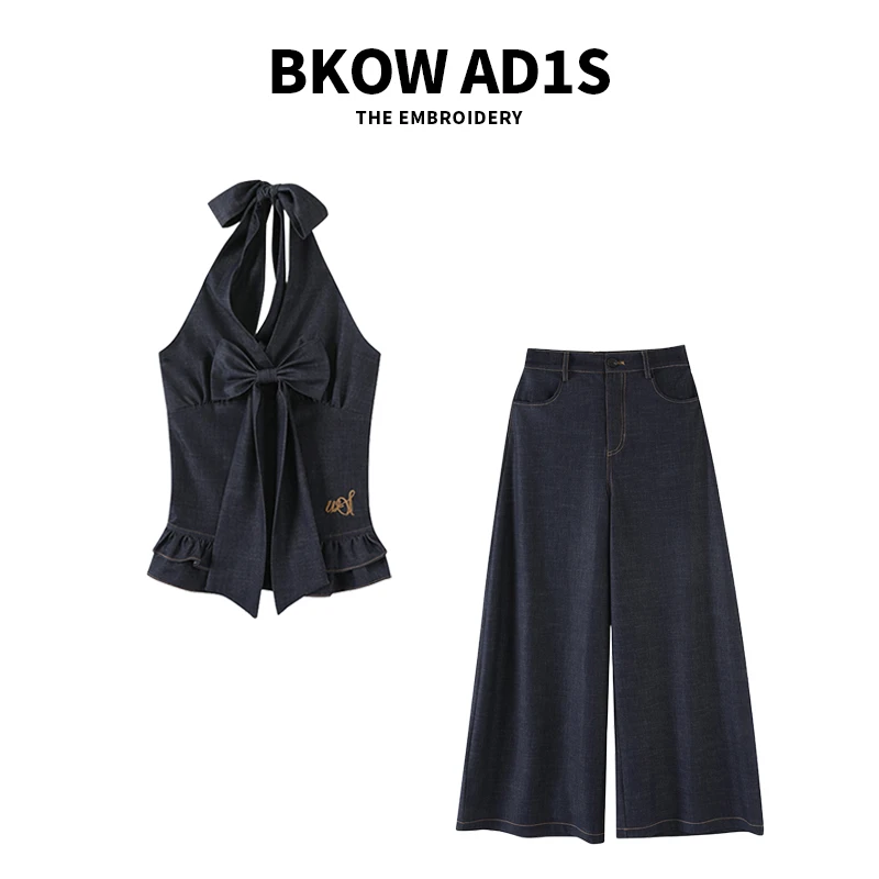 BKOW AD1S 韩系通勤显瘦显白仿天丝牛仔套装蝴蝶结