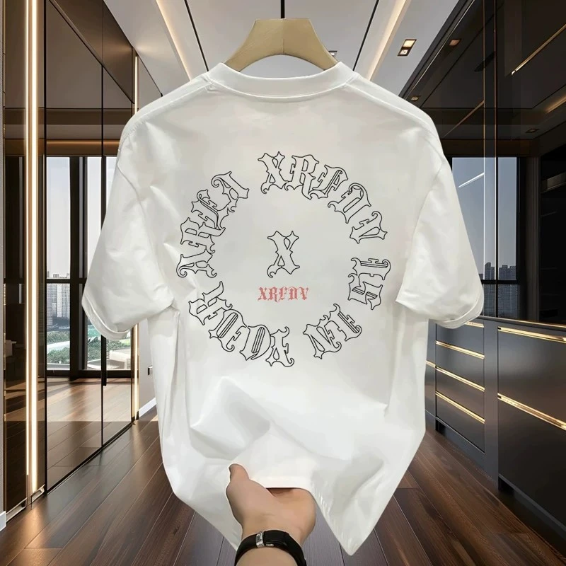 特大码300斤高街短袖t恤男夏季环形字母印花时尚痞帅宽松纯棉上衣