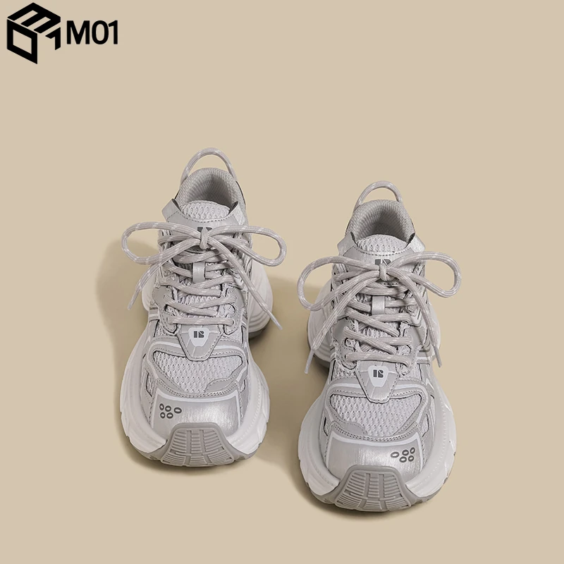M01厚底老爹鞋女2025春季新款小个子增高复古银色网面炸街运动鞋