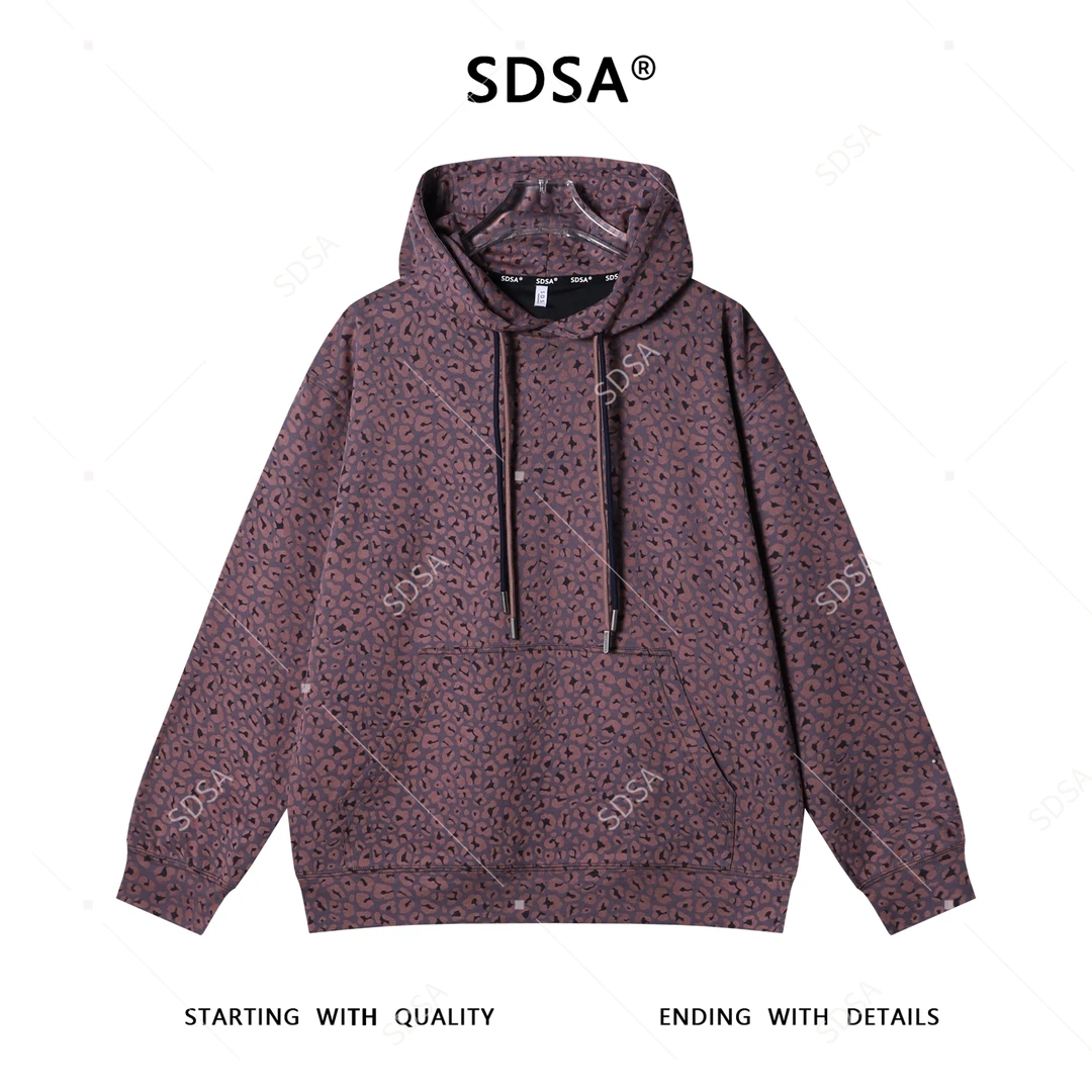 SDSA男士秋冬新款痞帅男装撞色豹纹印花抽绳连帽卫衣宽松百搭上衣