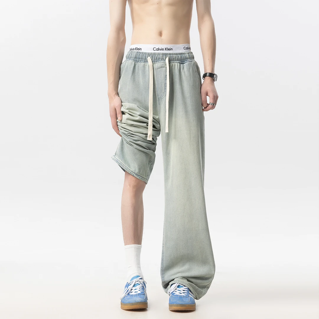 V37美式冰丝牛仔裤男款2025夏季新款渐变复古水直筒阔腿长裤子