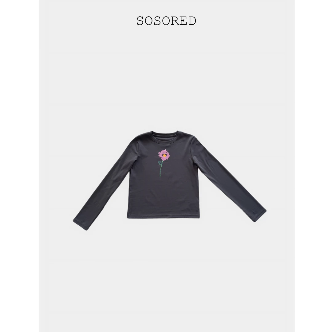 SOSORED-可爱小花 烫钻长袖T恤