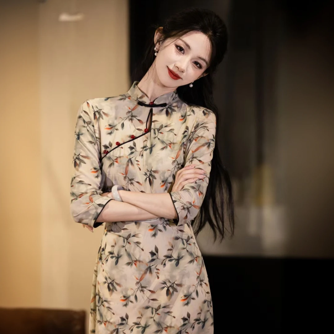 [花间月影]新中式旗袍日常复古优雅遮肚子年轻小个子中国风旗袍裙