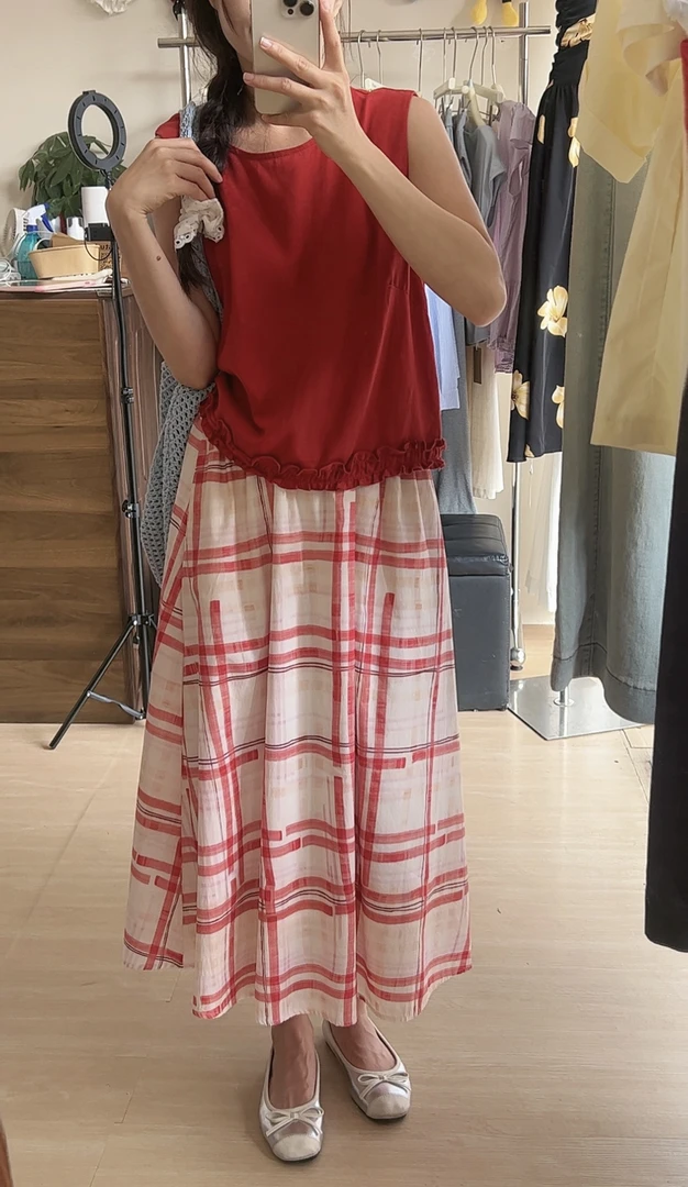 2025套装夏季红色圆领无袖上衣半身裙两件套减龄百搭显瘦