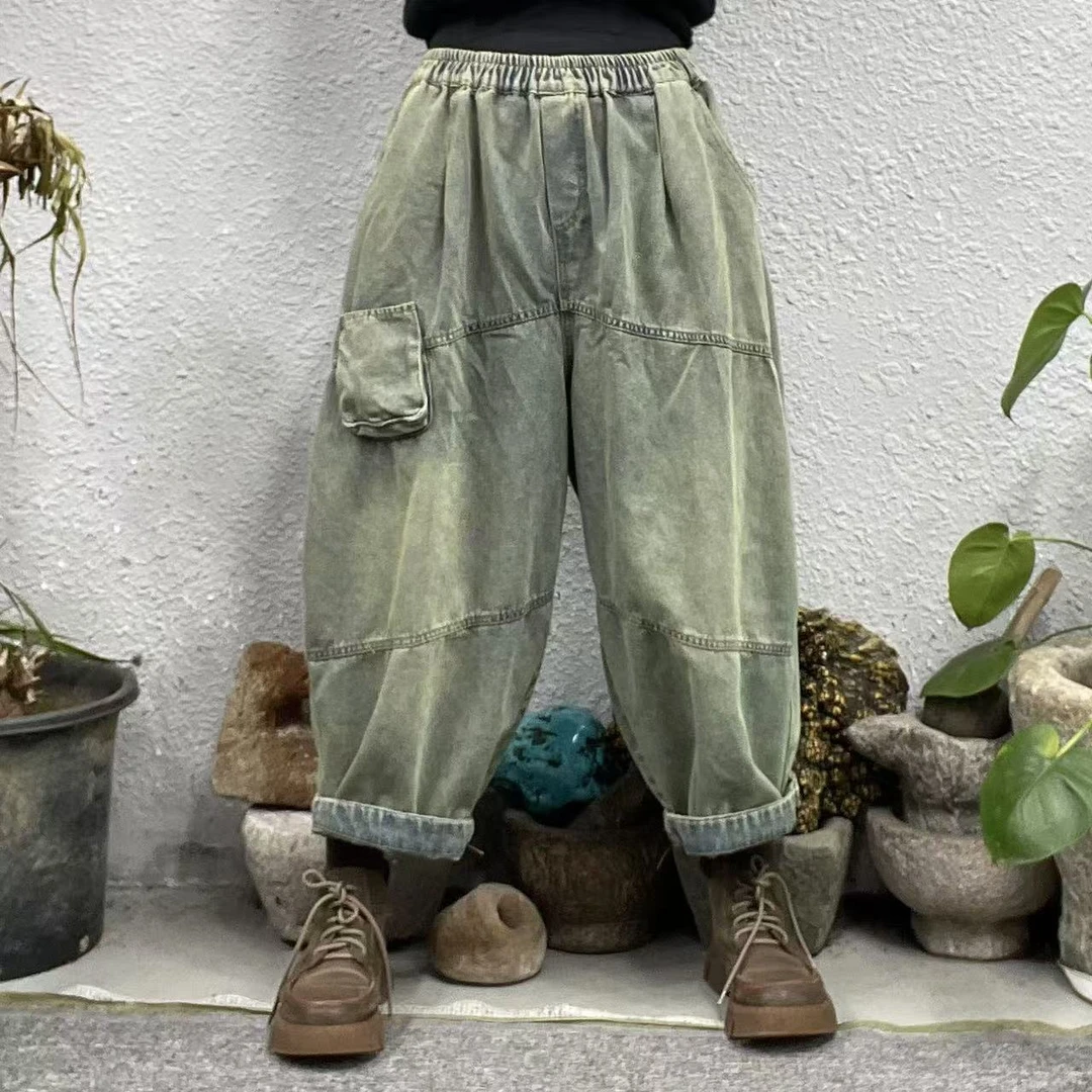 8885春蓝色两腿斜线右拼口袋内抽绳炒色牛仔裤（长82臀围132脚口48