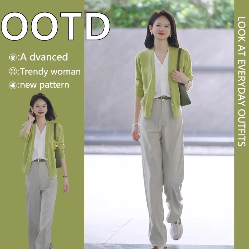 开春穿搭一整套2025超火漂亮绿色V领假两件针织衫上衣阔腿裤套装