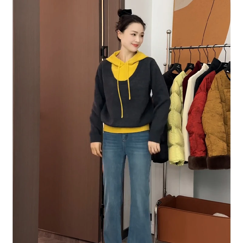 假两件撞色抽绳连帽卫衣女春季2025新款设计感小众内搭打底衫上衣