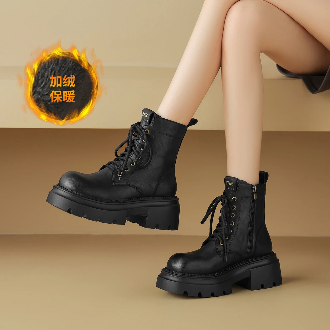 靴子女款爆款2025新款高跟马丁靴女款骑士靴粗跟增高短靴加绒女靴