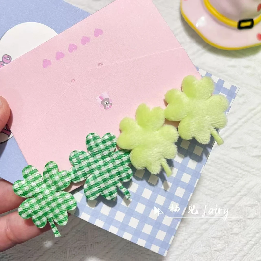 小清新小众黄绿格子四叶草刘海夹发夹清新可爱少女森系气质侧边夹