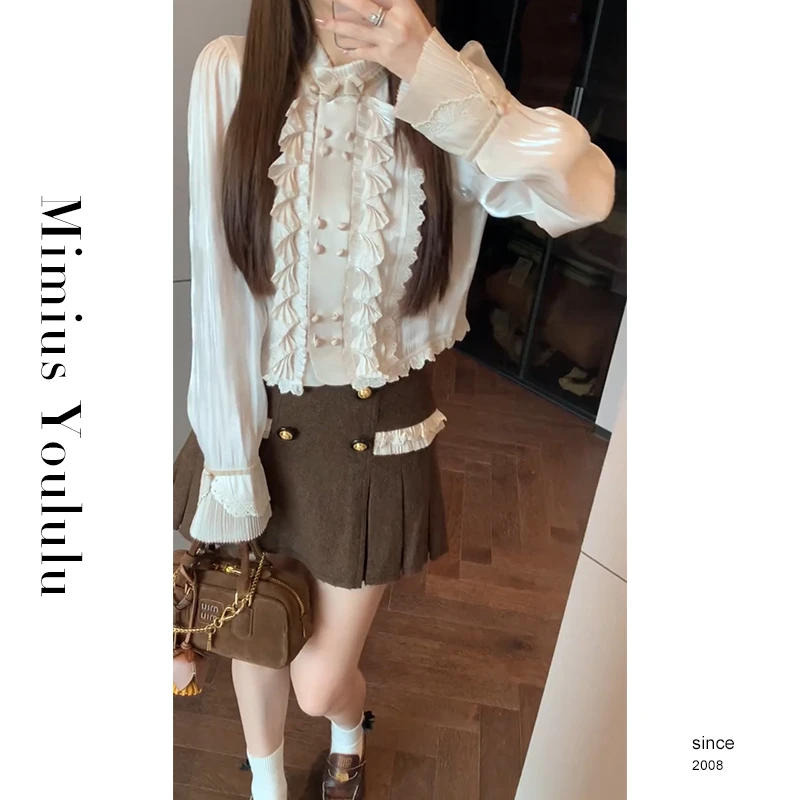 【mimius】游鹿鹿 高奢线 宫廷风复古立领衬衫+百褶裙裤 F09254