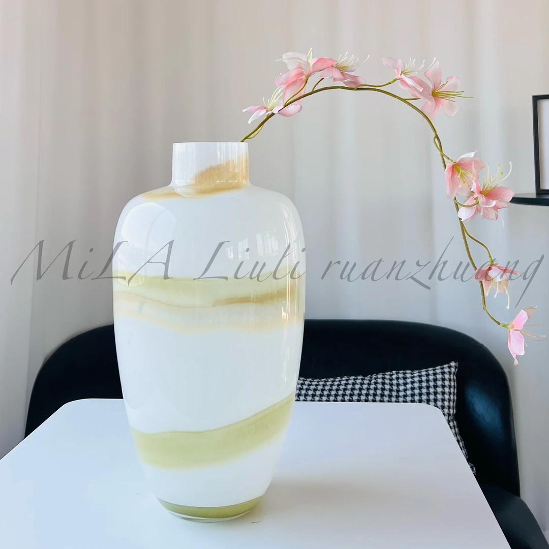 复古条纹不规则水墨纹琉璃花瓶大肚子家居样板房间客厅插花摆件