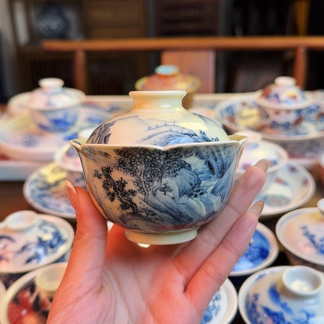 杯꧁****꧂重工仿古柴窑山水盖碗