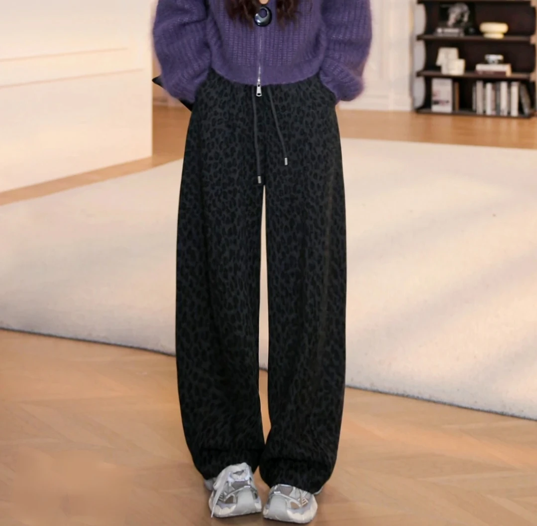 YOUHE-【豹纹羊毛】秋冬松紧腰高腰加厚磨毛休闲裤卫裤长裤