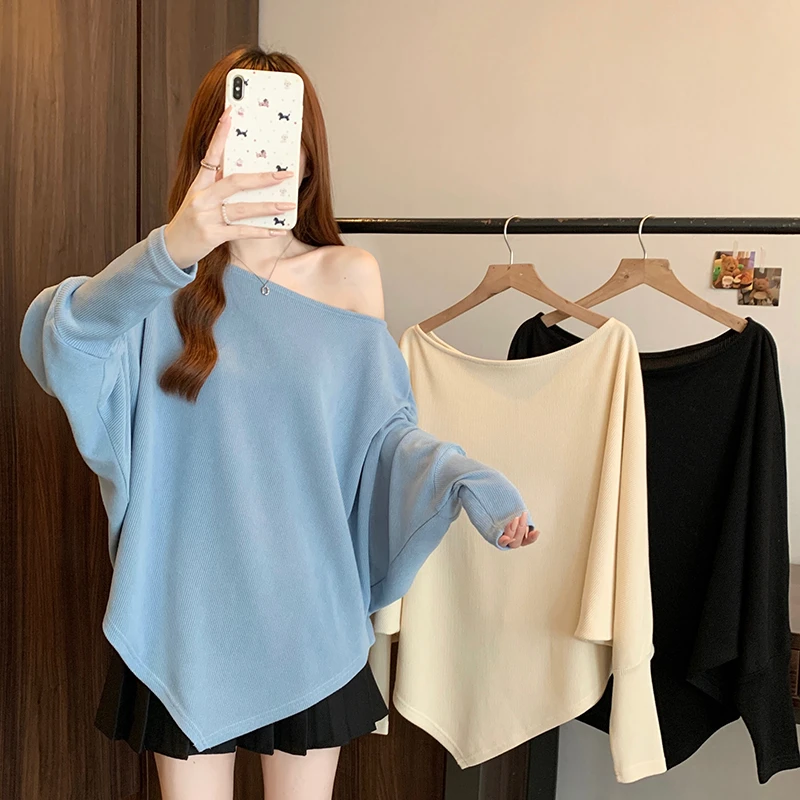 春装新款胖mm大码女时尚设计感慵懒风露肩显瘦蝙蝠袖上衣A1195