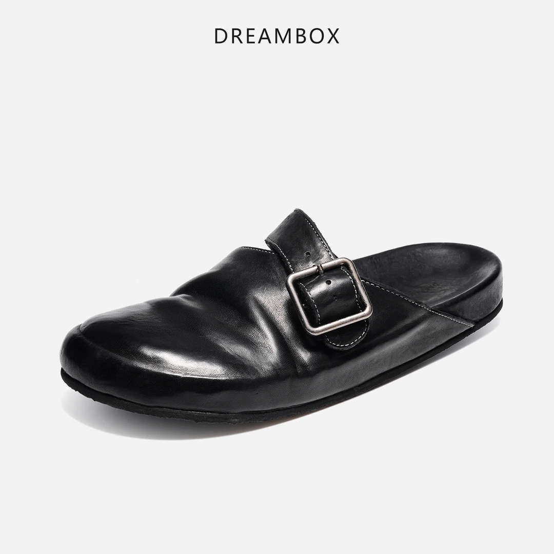 dreambox钧博水洗马皮透气两用包头拖凉鞋男懒人一脚蹬软底勃肯鞋