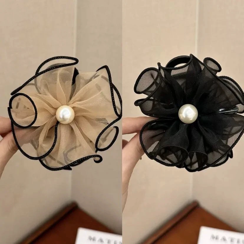 新款仿珍珠网纱花朵抓夹高级感高颅顶后脑勺盘发夹花苞鲨鱼夹头饰