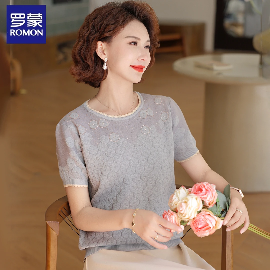 罗蒙贵夫人高端短袖上衣服中老年妈妈女夏季设计感冰丝针织小衫夏