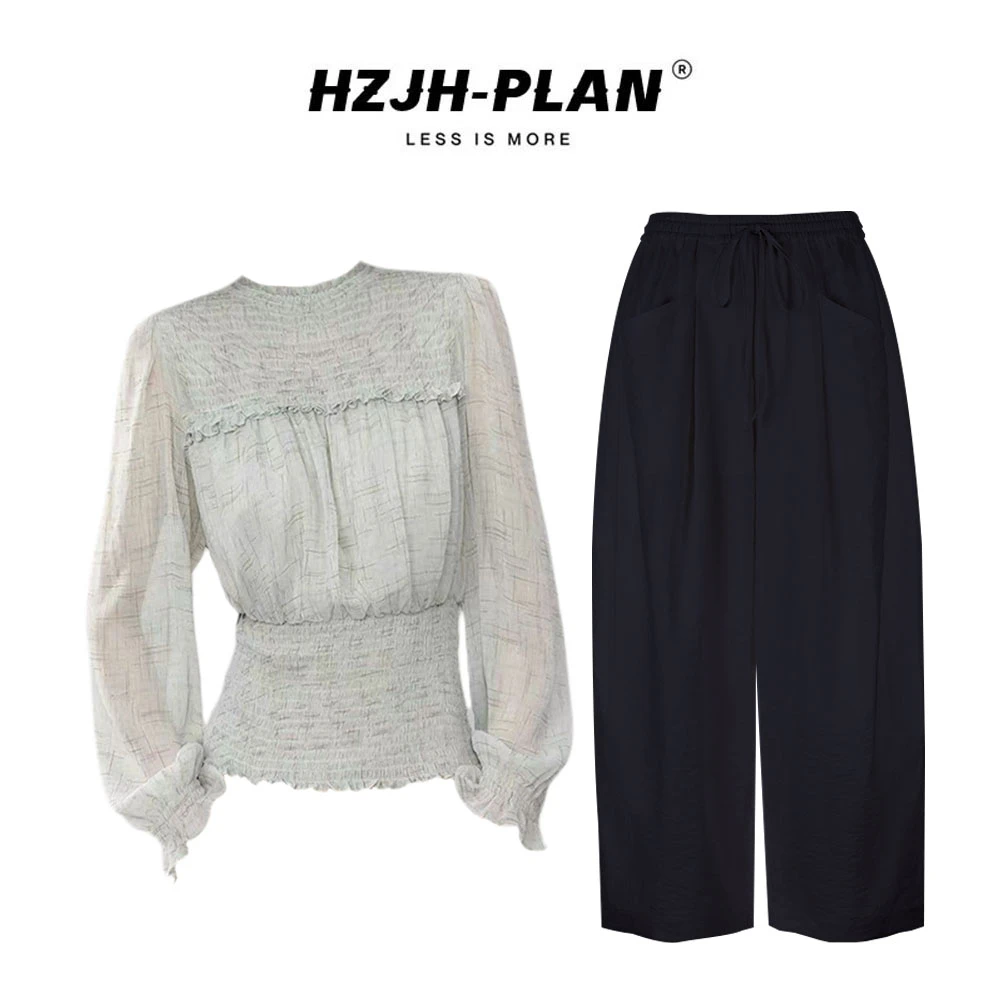 秋季新款设计感收腰显瘦衬衫上衣气质高腰阔腿休闲裤套装