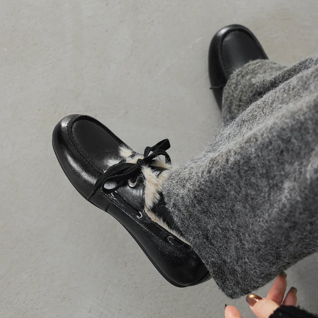 手工制作复古皮鞋秋冬乐福鞋单鞋系带休闲保暖女靴豆豆鞋圆头