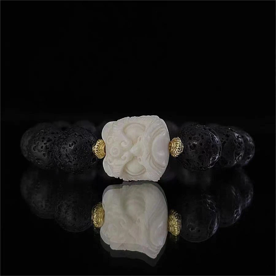 阿男 钛钢手链 10mm黑色火山石男士手串小狮子头串珠手编高级手链