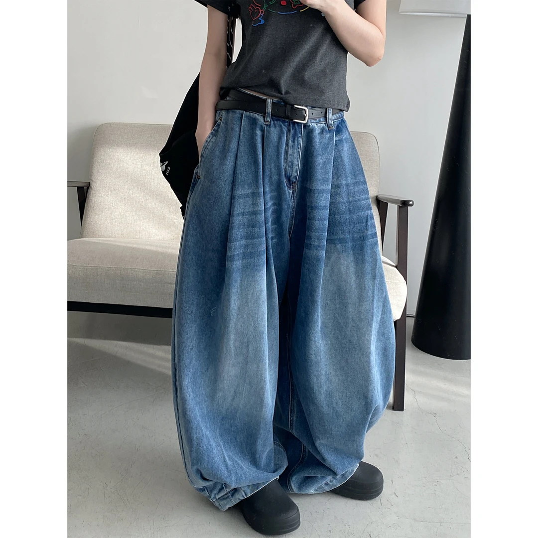 【载星之旅】夏季薄款阔腿蓝色高腰水洗牛仔裤女宽松直筒裤山本裤