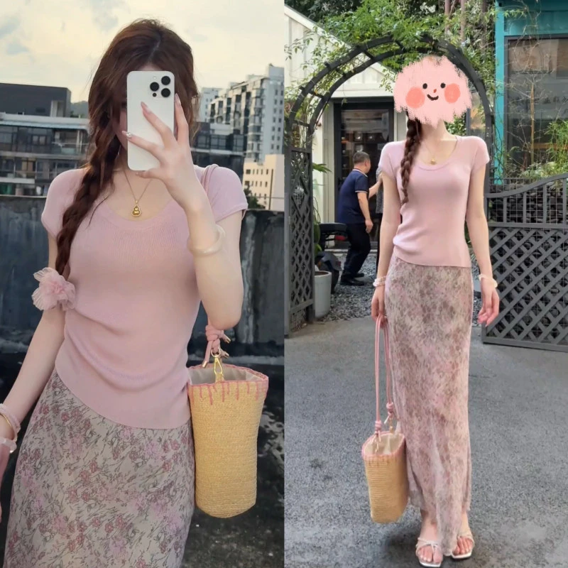 夏季新款温柔风百搭U领针织短袖上衣显瘦松紧腰碎花半身裙两件套