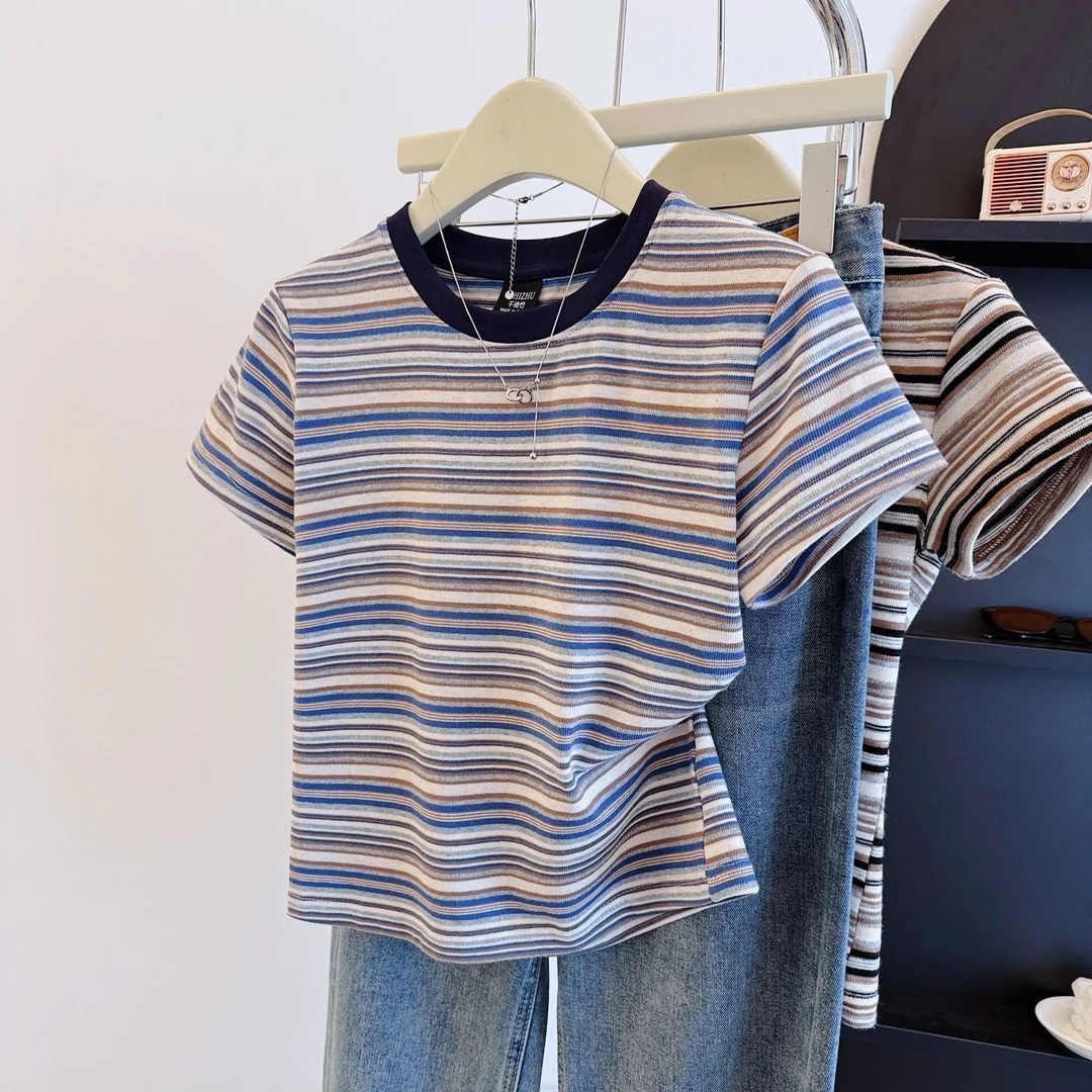 9120#撞色条纹正肩短袖t恤女夏2025新款设计感小众显瘦小个子上衣