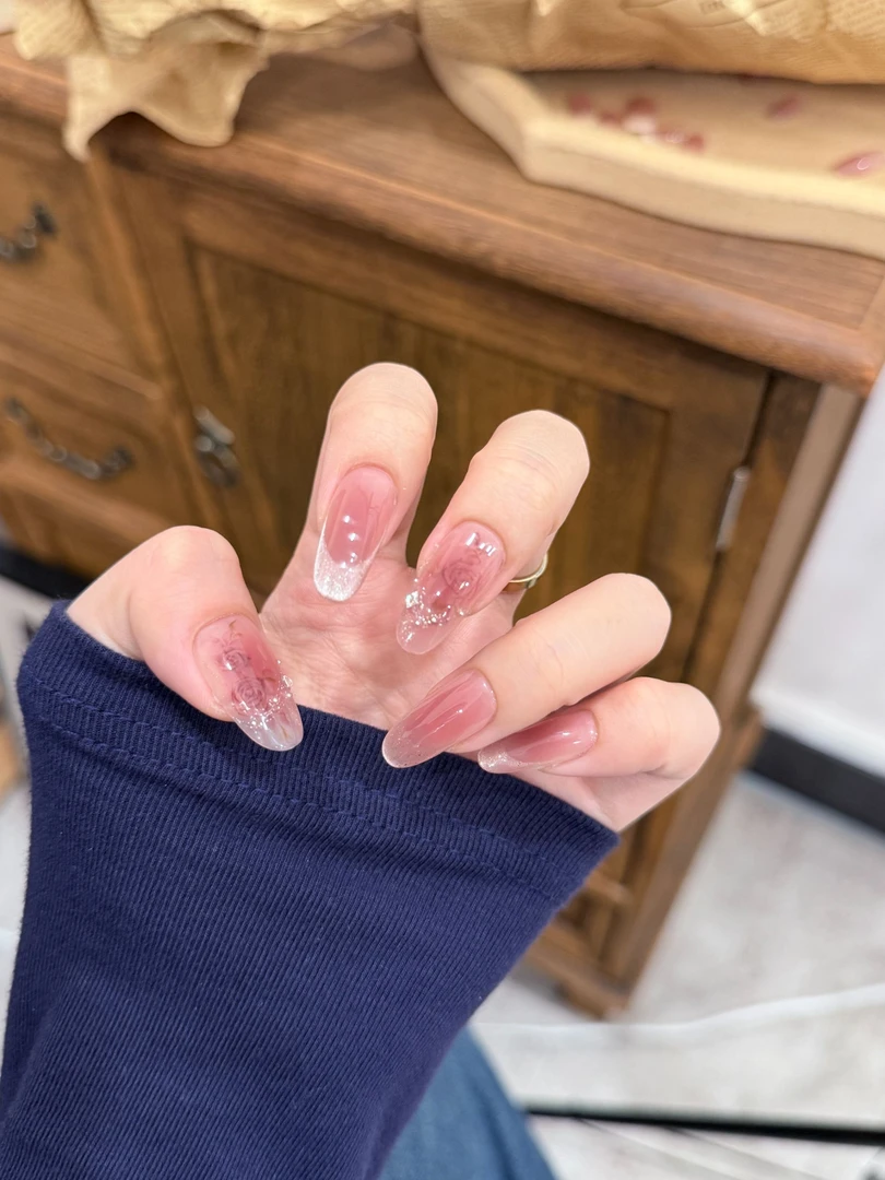 【烟熏玫瑰】珊瑚纪显白温柔手绘玫瑰花法式细钻气质纯手工穿戴甲