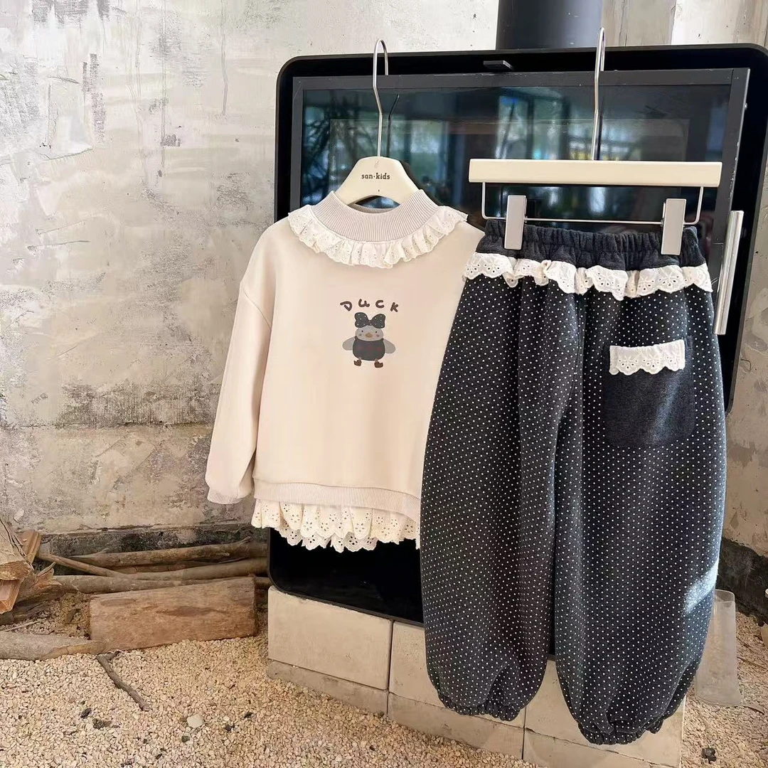 女童加绒裤秋冬25新款儿童洋气波点韩版花边卫裤运动束脚裤 96011