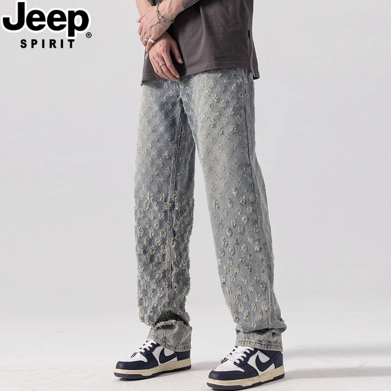 JEEPSPIRIT吉普美式hiphop裤子高街男士提花满印设计感牛仔裤男