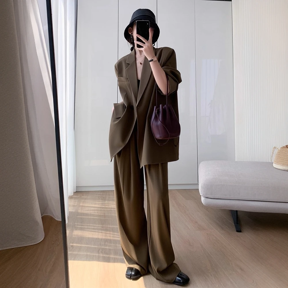 大码休闲西装外套女2025秋季胖mm韩版气质时尚显瘦阔腿裤两件套装