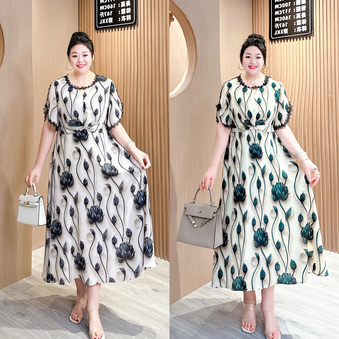 【梅姐定制】时装高定款风染蓝修身印花连衣裙女装连衣裙MJ9026