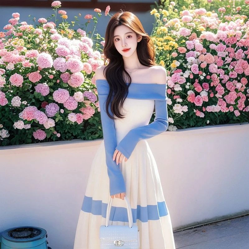2025春季超火一字连衣裙女超好看富家千金高级感小香风厅气长裙子