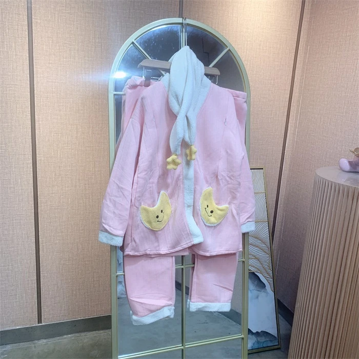 F740宅孕美粉色孕妇空气棉月子服三件套XL100-140XXL150