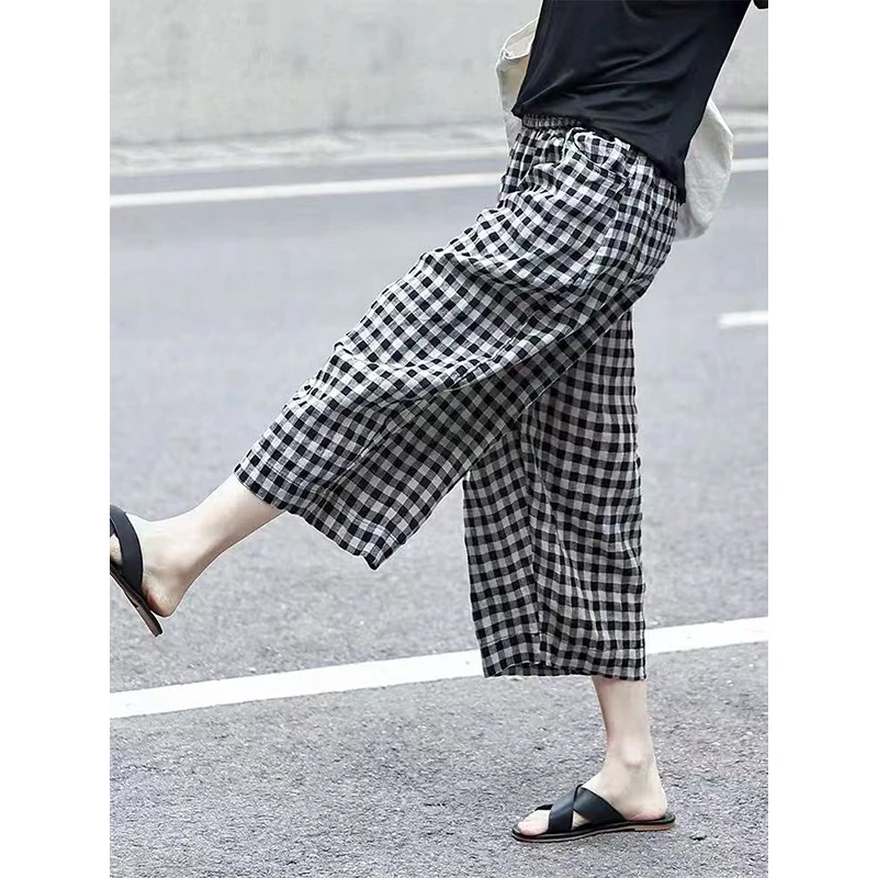 DaoZi/丹丹 色织亚麻格子 透气夏季八分裤休闲裤时尚阔腿裤 517