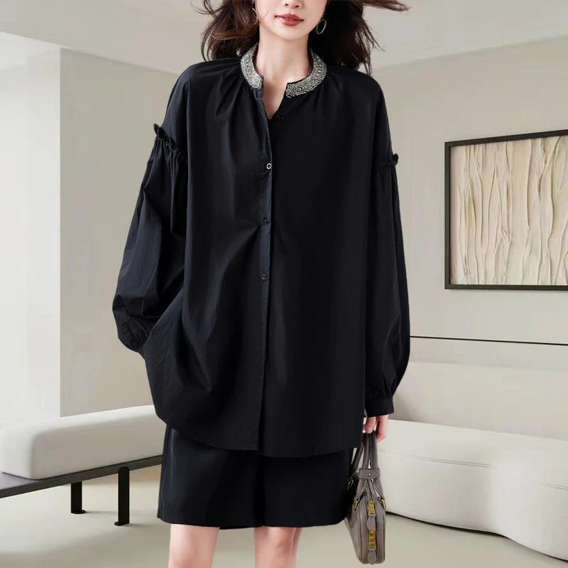 黑色撞色花边女士衬衫2025秋季新款大码宽松休闲显瘦气质小衫