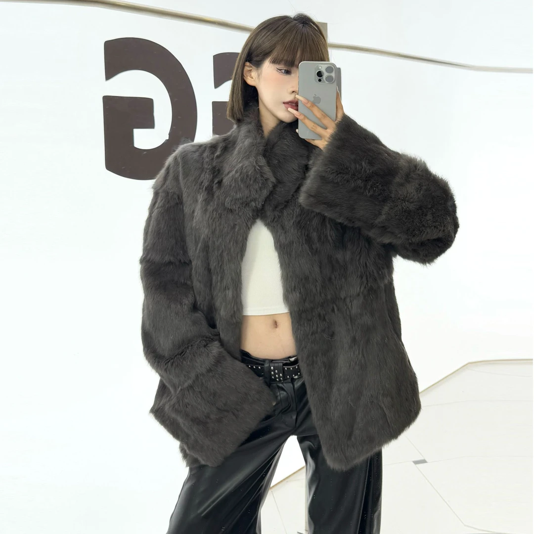 【DGG STUDIO】2024秋冬新款兔毛夹克翻领兔毛外套