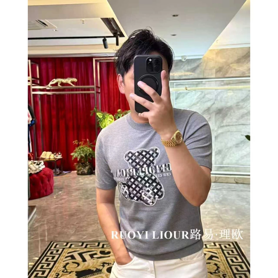 【路易理欧】欧货时尚百搭潮流圆领轻奢刺绣小熊针织短袖0389